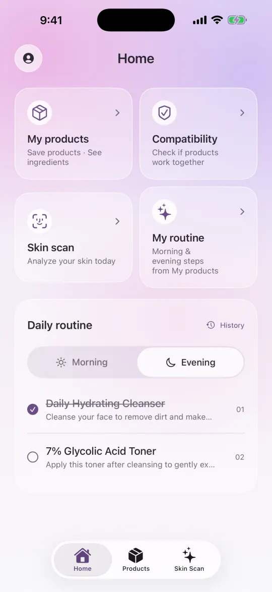 PoreIQ home screen with skin scan, my products, compatibility and today’s routine