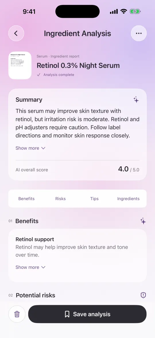 PoreIQ ingredient analysis screen