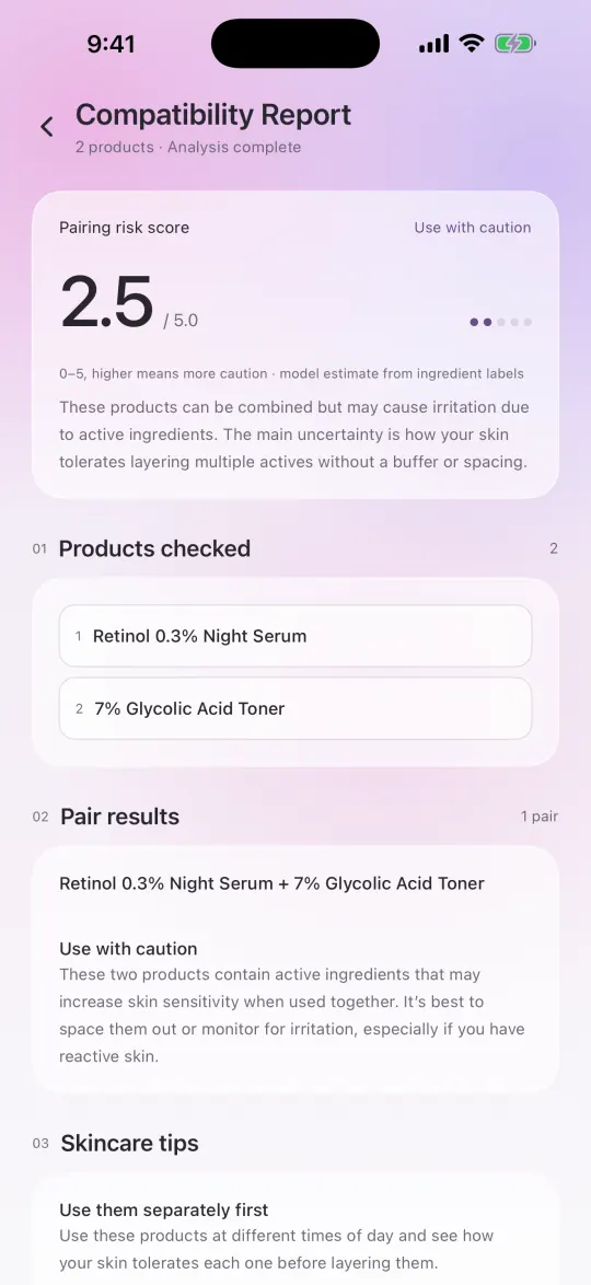 PoreIQ compatibility check screen